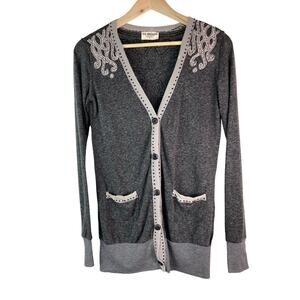 MM Unplugged by Miss Me Women's Size S Gray Rhinestone Linen Blend Duster *